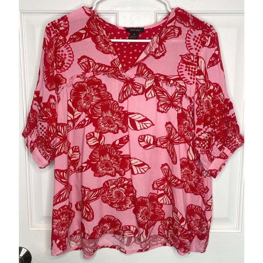 Anthropologie Vineet Bahl Women's Embroidered Blouse Sz M Ruffle Boho Floral